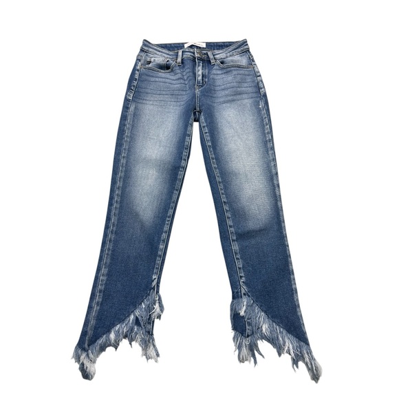 KanCan Double Fringe Mid Rise Cropped Skinny Blue Jeans Boho Size 27 Festival - Picture 2 of 8